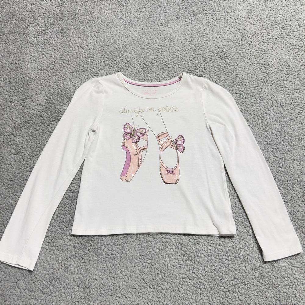 LULURAIN Girls White Ballet Shirt, Size M(7/8), Always On Pointe Graphic Tee